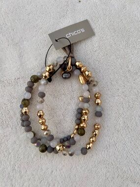 NWT Chico’s Triple Bracelet Set Stretch Gold & Gray Bead Bracelets